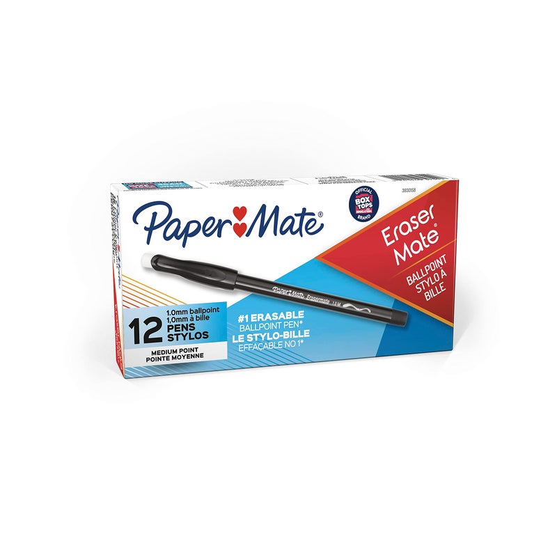 Paper Mate EraserMate Erasable Pen, Medium Point, Black, Box of 12 - Image 1
